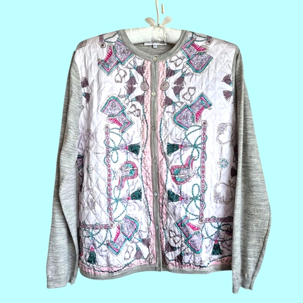 Vintage Bella Valentina Gray and Pink Quilted Cardigan Size 42, US Size 6
